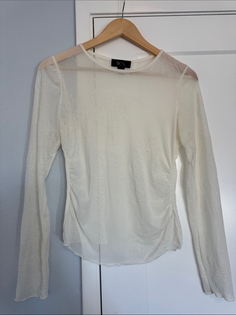 BCX Cream Sheer Long-Sleeve Crew Top